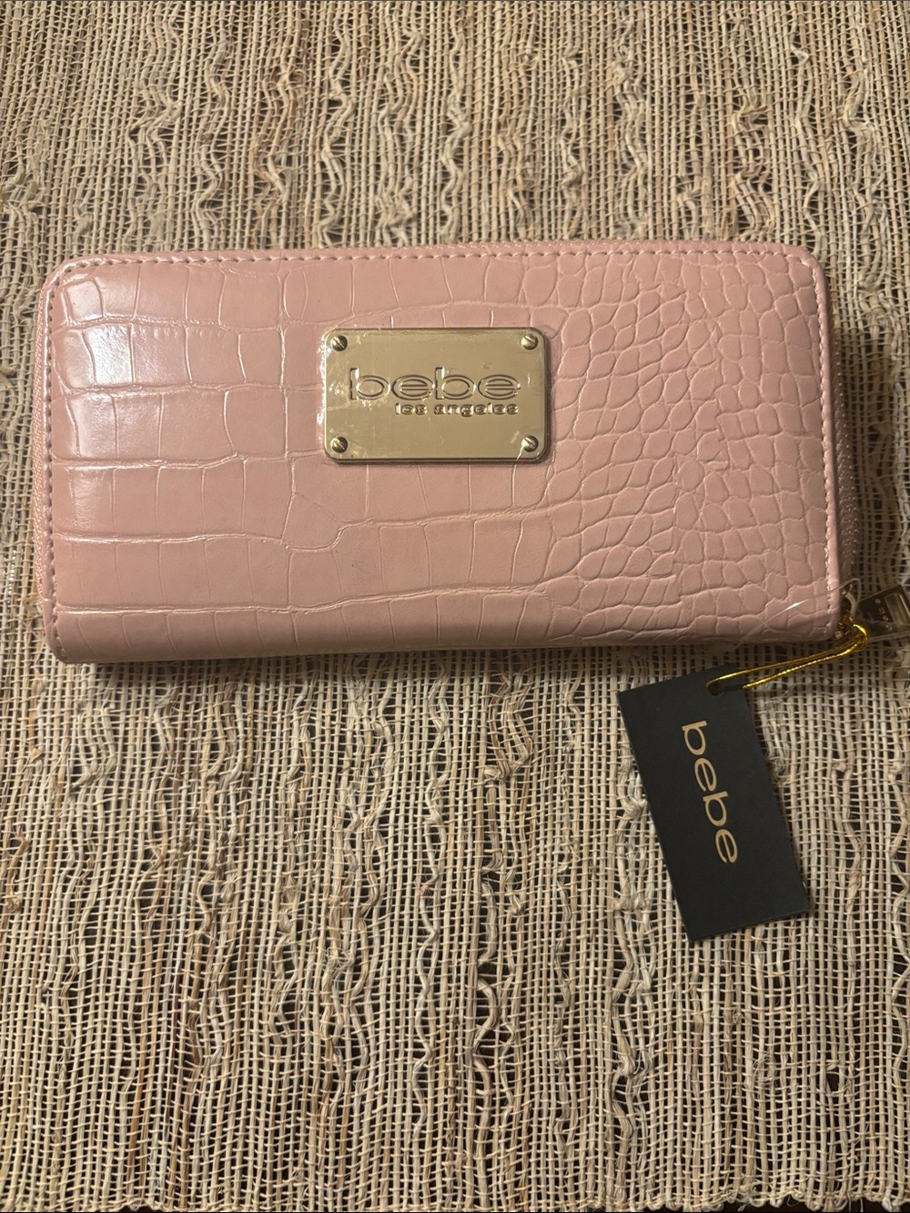 bebe Blush Pink Croc-Embossed Zip Around Wallet with Gold Plate